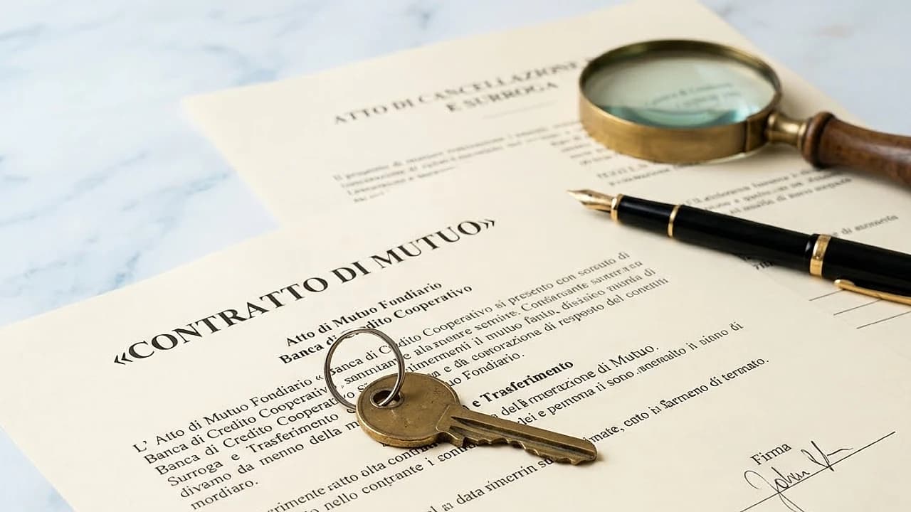 Chiave di casa su un contratto di mutuo accanto a una lente d'ingrandimento, tema surroga del mutuo e verifica CRIF 2026