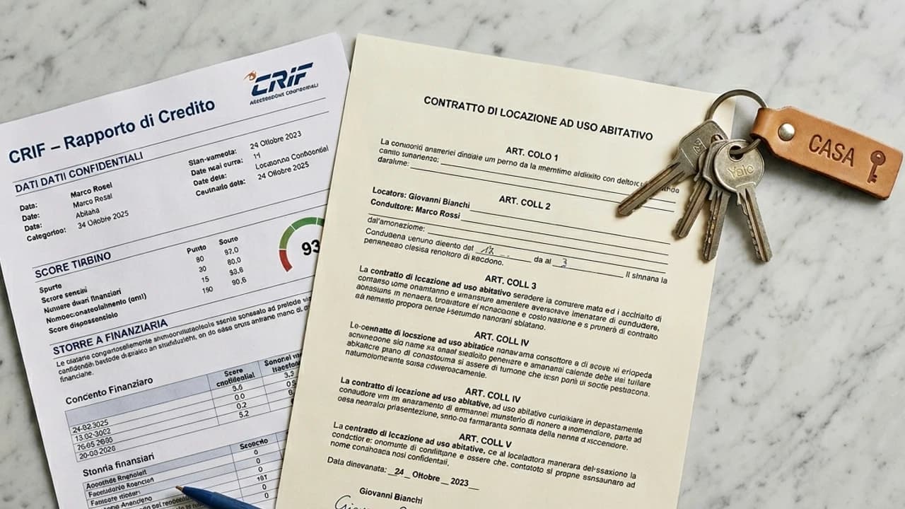 Report creditizio CRIF e contratto di locazione residenziale su scrivania, con penna e chiavi di casa — verifica affidabilità inquilino 2026.