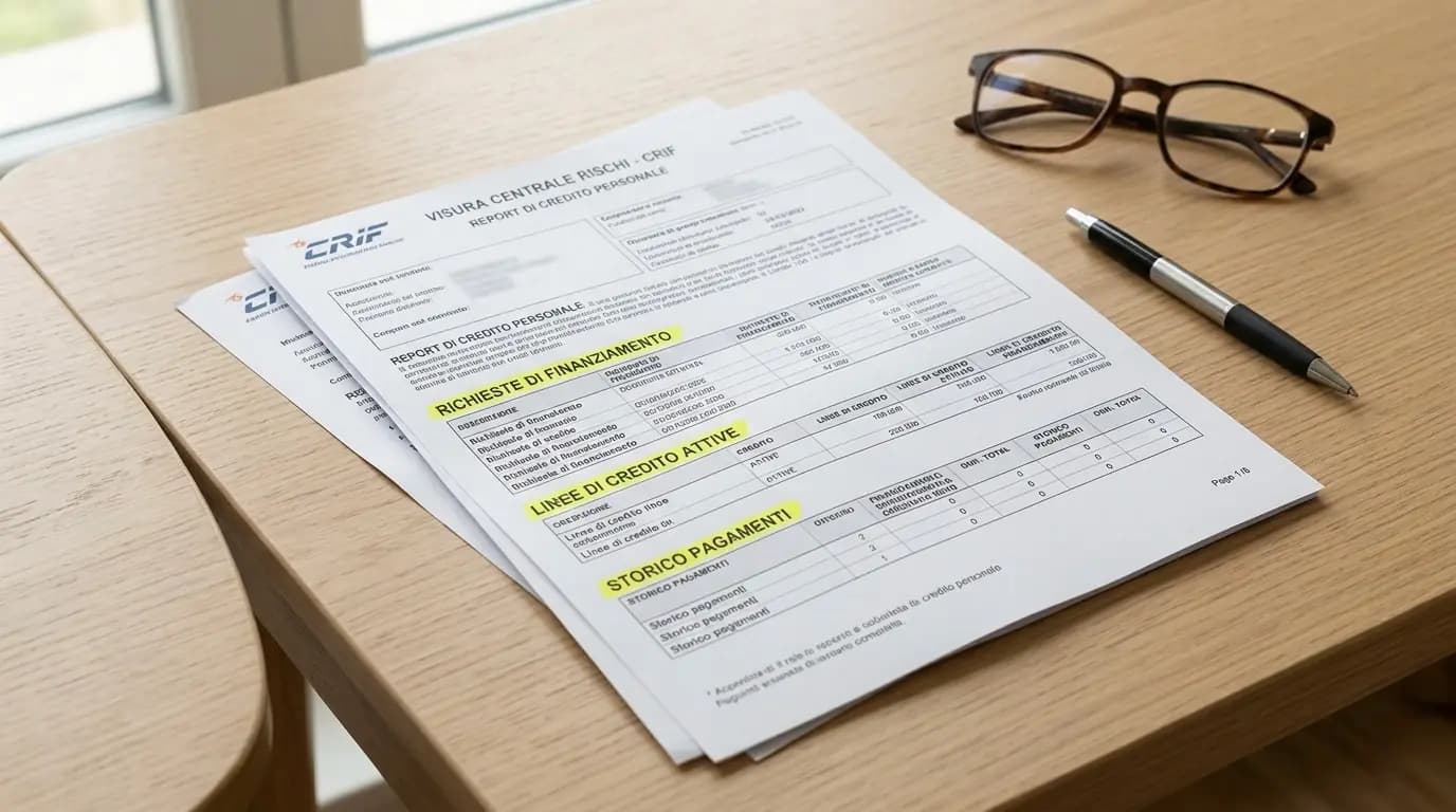 Report CRIF con sezioni evidenziate su richieste e andamento dei pagamenti