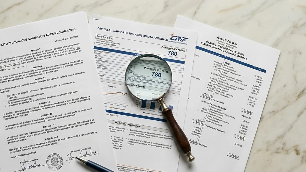 Contratto di locazione commerciale, visura CRIF del conduttore e bilancio societario disposti sulla scrivania di uno studio professionale