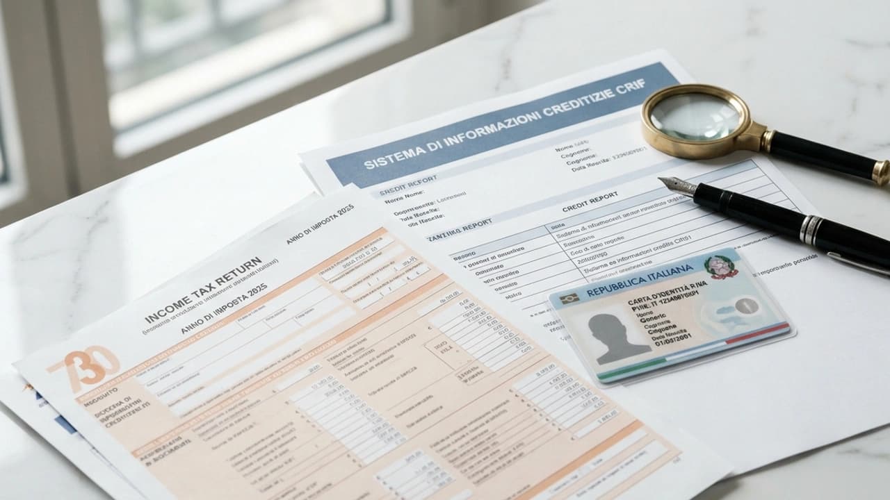 Scrivania di un libero professionista con report di affidabilita creditizia CRIF, dichiarazione redditi e calcolatrice