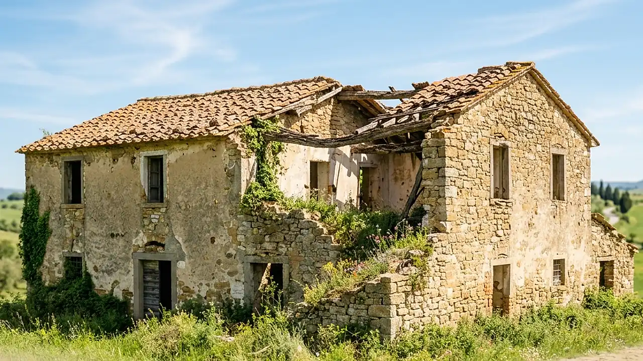 Rudere in pietra classificato in categoria catastale F/2 immobile collabente su campo verde e cielo chiaro