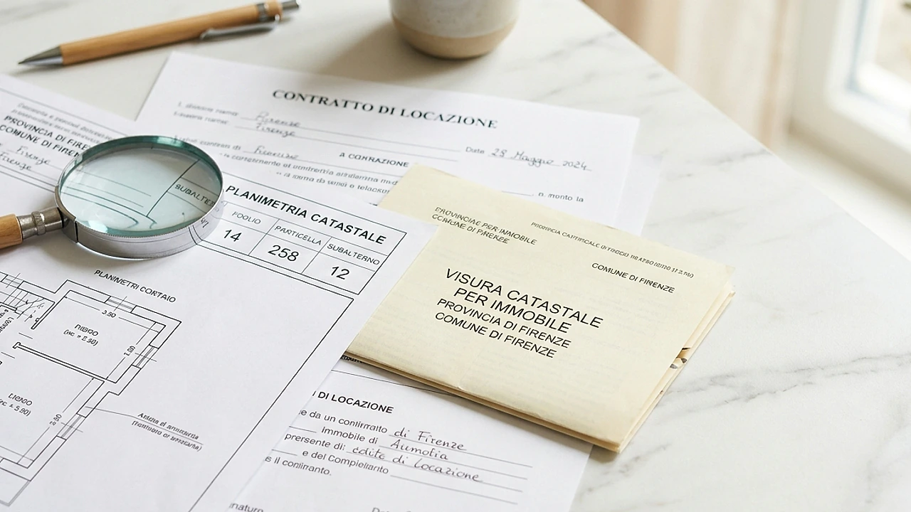 Planimetria e visura catastale accanto a un contratto di locazione con dati catastali evidenziati
