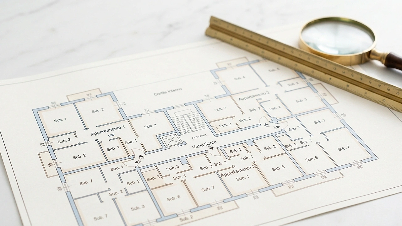 Elaborato planimetrico catastale: disegno in scala di un fabbricato con subalterni numerati e parti comuni evidenziate.