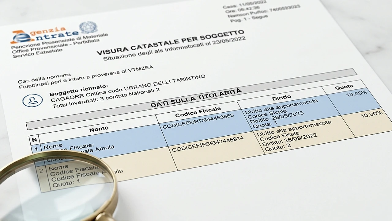 Visura catastale con la colonna diritti reali che distingue usufrutto e nuda proprietà su un immobile