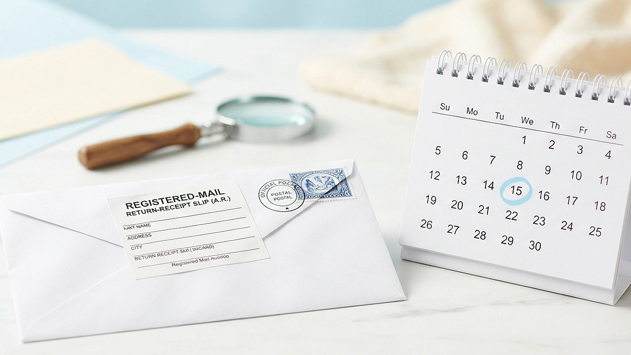 Busta raccomandata con avviso di ricevimento accanto a un calendario: il preavviso di segnalazione CRIF dei 15 giorni
